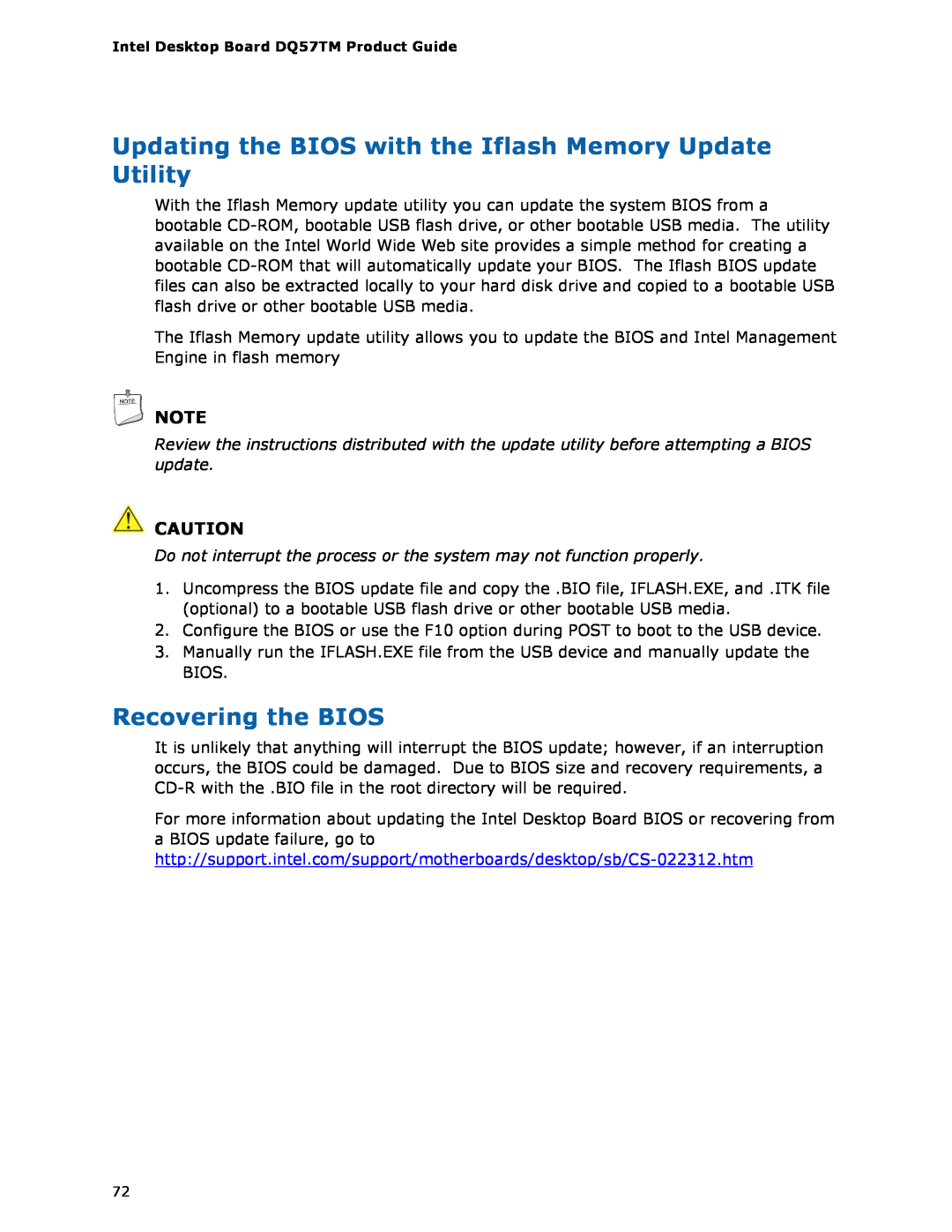 Intel DQ57TM manual Recovering the BIOS 
