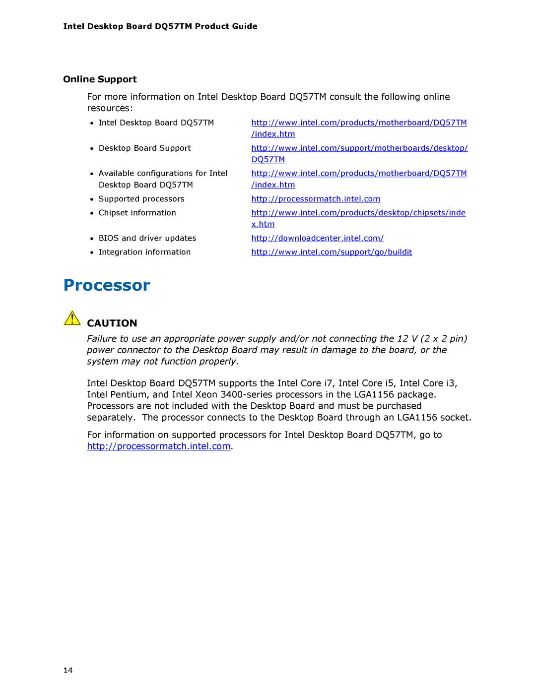 Intel DQ57TM manual Processor, Online Support 