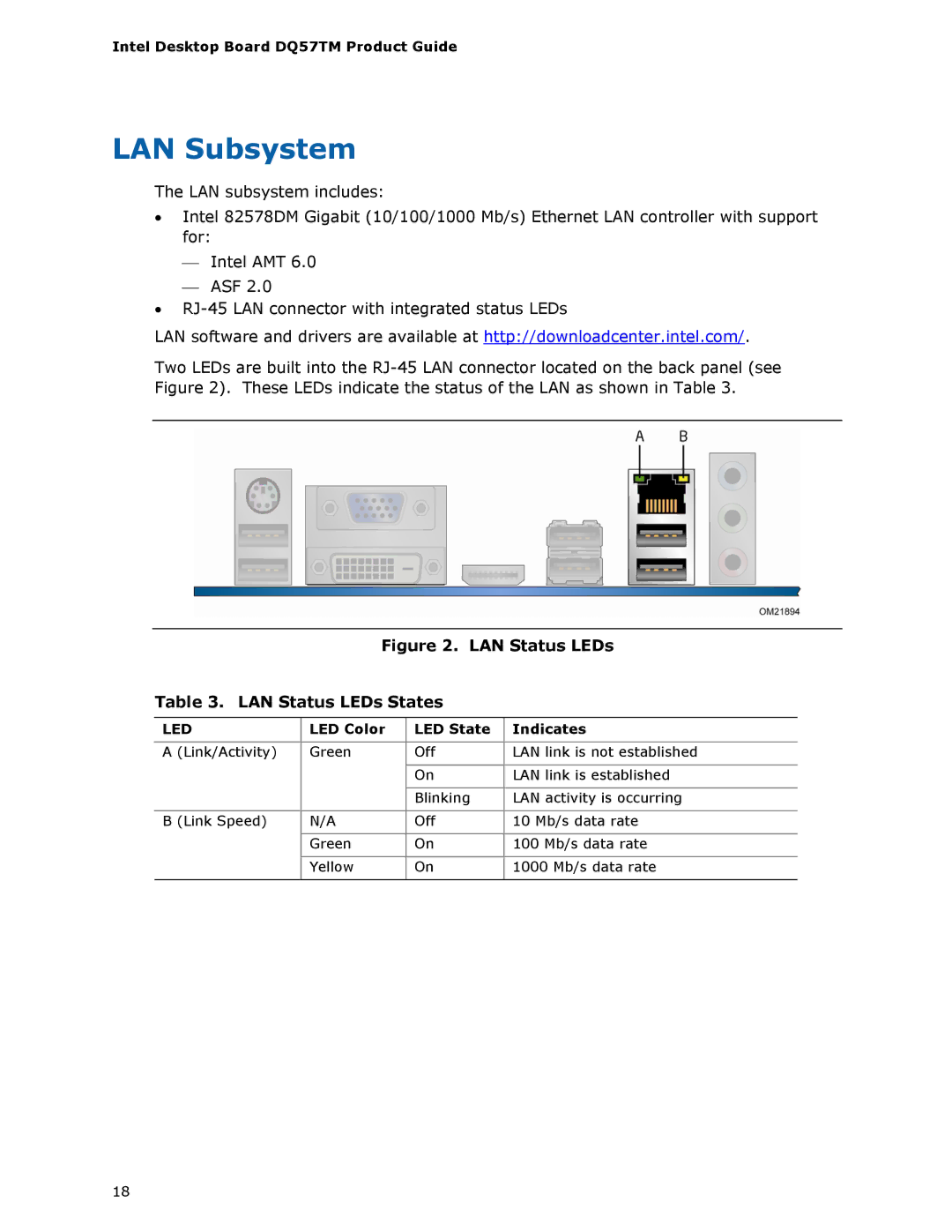 Intel DQ57TM manual LAN Subsystem, LED Color LED State Indicates 