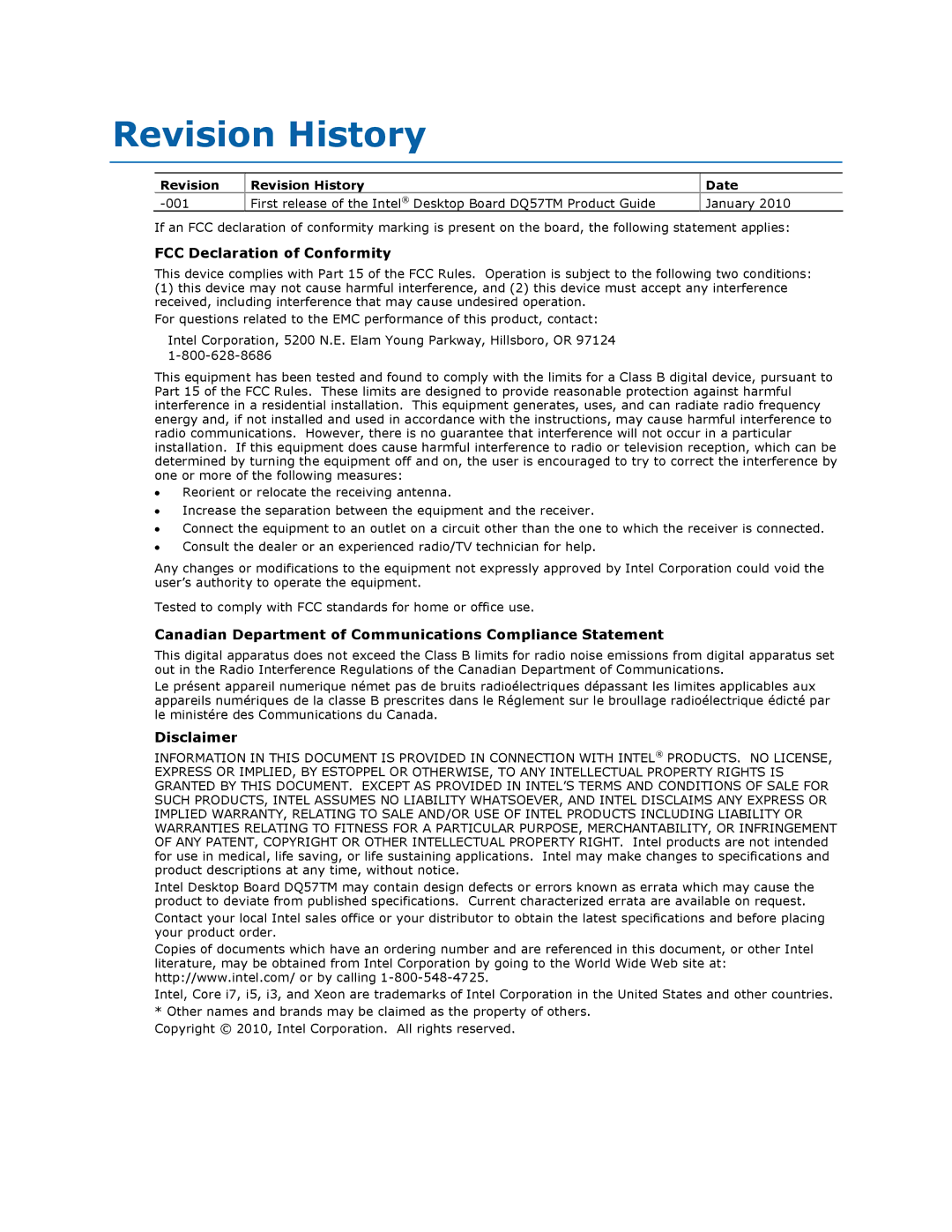 Intel DQ57TM manual FCC Declaration of Conformity, Canadian Department of Communications Compliance Statement, Disclaimer 