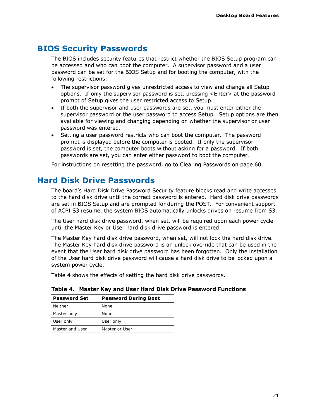 Intel DQ57TM Bios Security Passwords, Hard Disk Drive Passwords, Master Key and User Hard Disk Drive Password Functions 