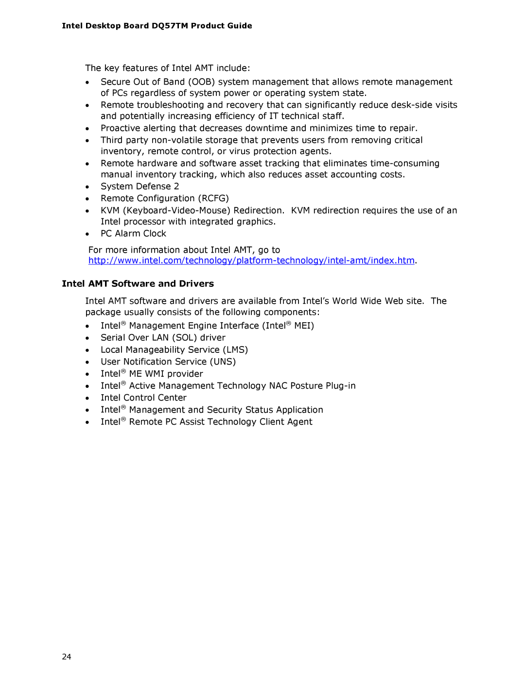 Intel DQ57TM manual Intel AMT Software and Drivers 