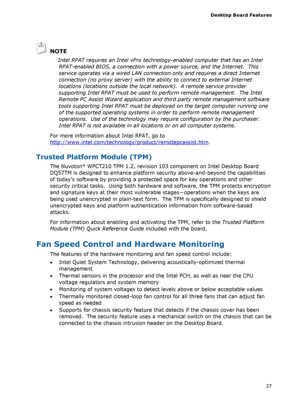 Intel DQ57TM manual Fan Speed Control and Hardware Monitoring, Trusted Platform Module TPM 