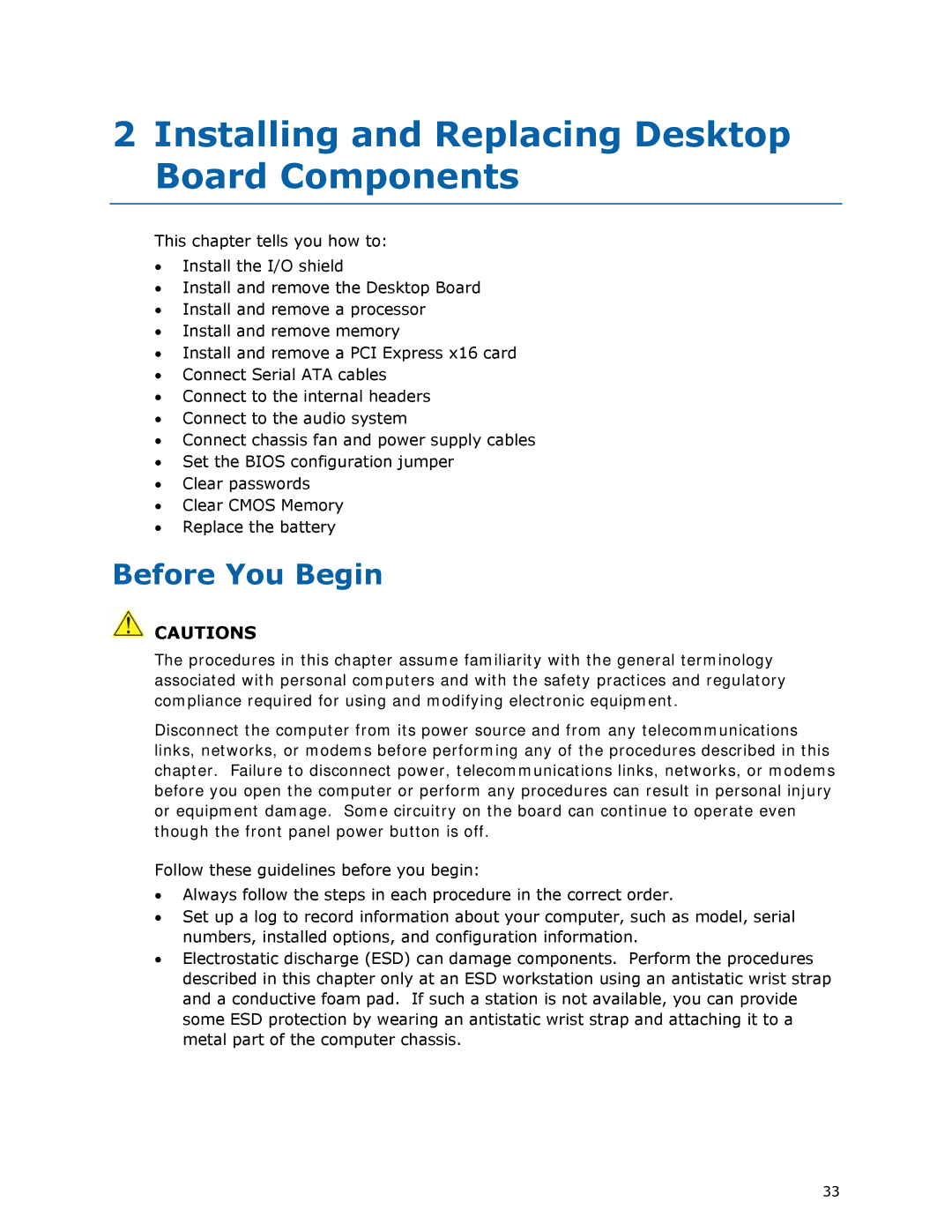 Intel DQ57TM manual Installing and Replacing Desktop Board Components, Before You Begin 