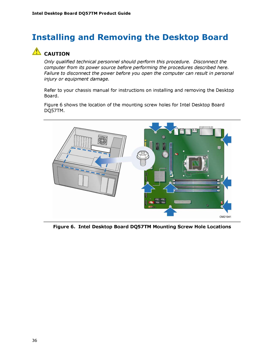 Intel manual Installing and Removing the Desktop Board, Intel Desktop Board DQ57TM Mounting Screw Hole Locations 