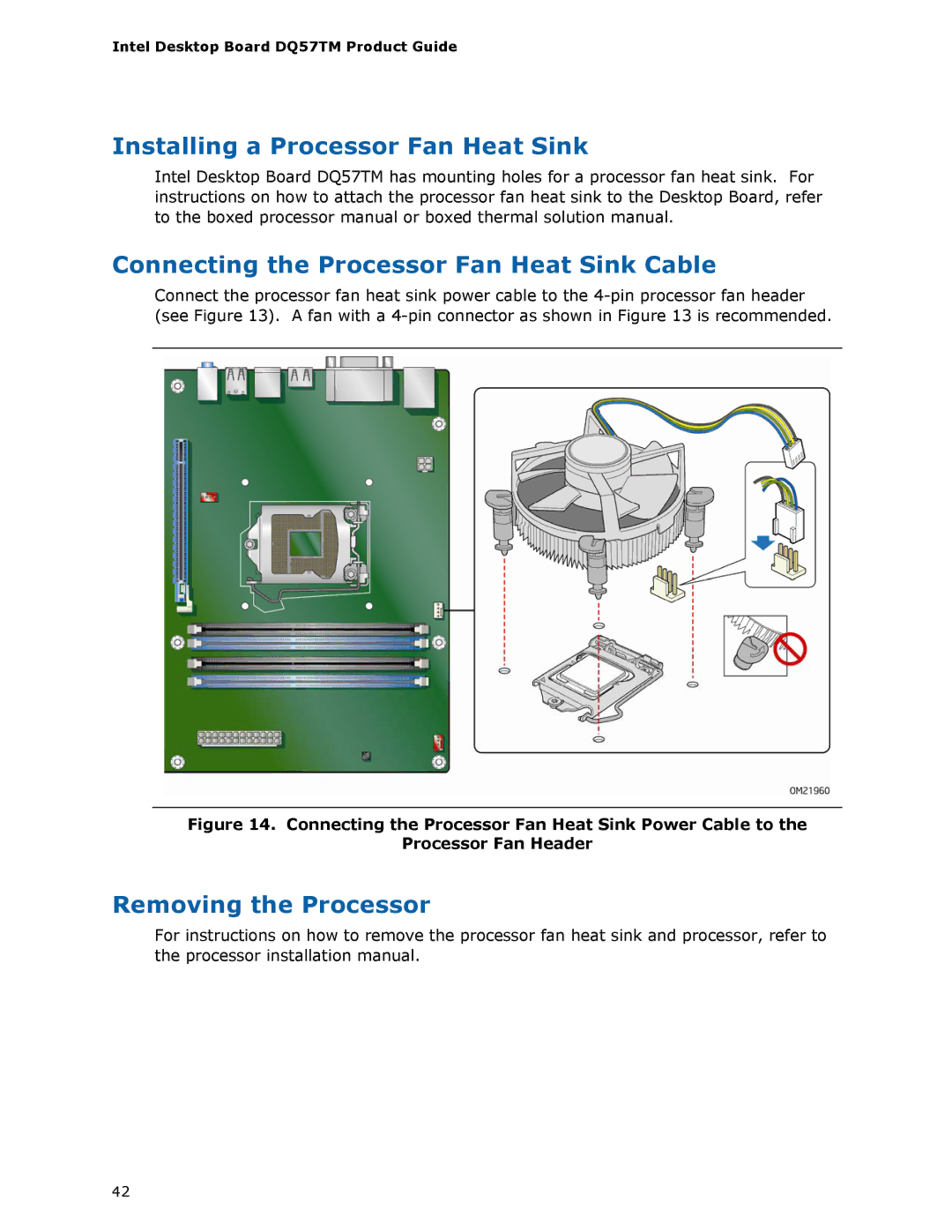 Intel DQ57TM Installing a Processor Fan Heat Sink, Connecting the Processor Fan Heat Sink Cable, Removing the Processor 