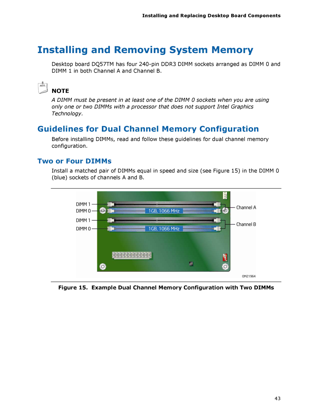 Intel DQ57TM Installing and Removing System Memory, Guidelines for Dual Channel Memory Configuration, Two or Four DIMMs 