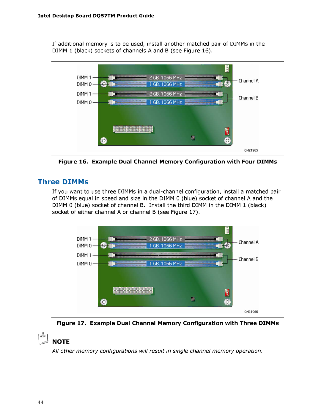 Intel DQ57TM manual Three DIMMs, Example Dual Channel Memory Configuration with Four DIMMs 