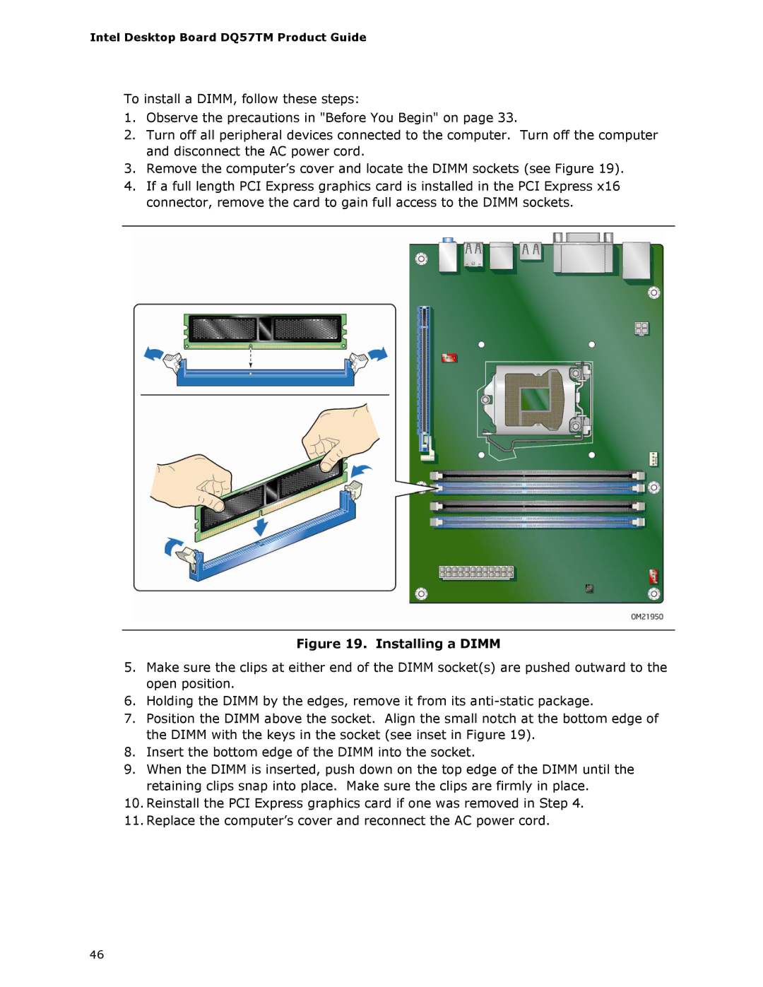 Intel DQ57TM manual Installing a Dimm 