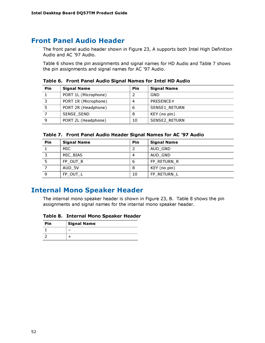 Intel DQ57TM Front Panel Audio Header, Internal Mono Speaker Header, Front Panel Audio Signal Names for Intel HD Audio 