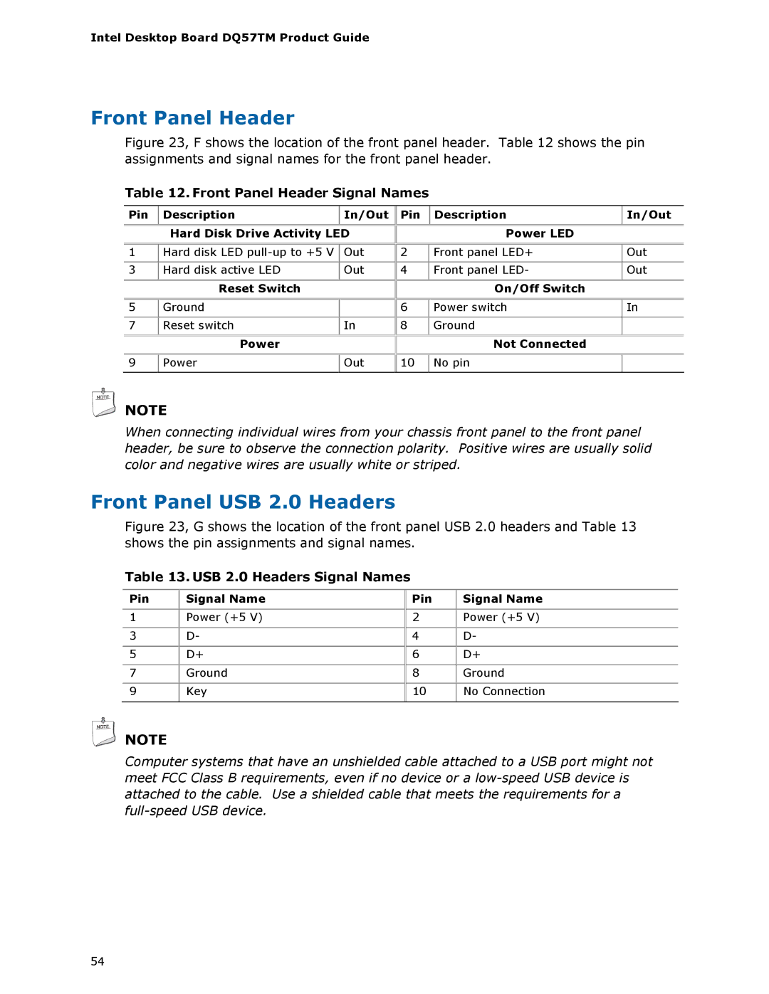 Intel DQ57TM manual Front Panel USB 2.0 Headers, Front Panel Header Signal Names, USB 2.0 Headers Signal Names 