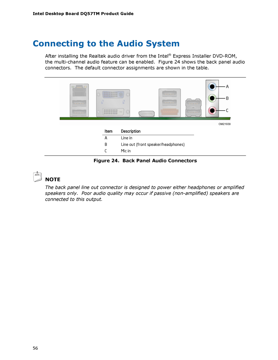 Intel DQ57TM manual Connecting to the Audio System, Back Panel Audio Connectors 