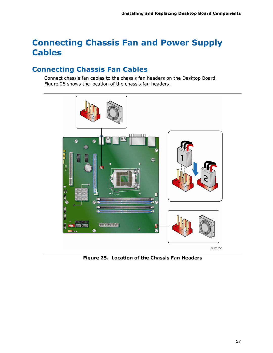 Intel DQ57TM manual Connecting Chassis Fan and Power Supply Cables, Connecting Chassis Fan Cables 