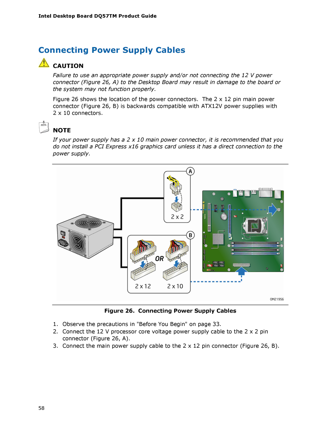 Intel DQ57TM manual Connecting Power Supply Cables 