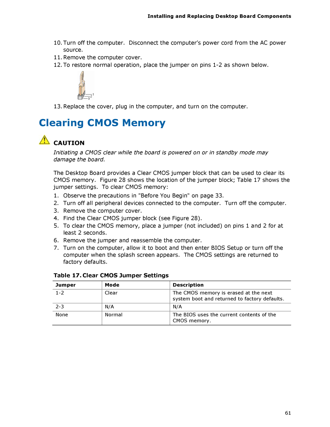 Intel DQ57TM manual Clearing Cmos Memory, Clear Cmos Jumper Settings, Jumper Mode Description 