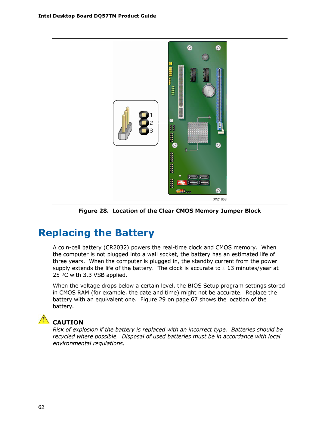 Intel DQ57TM manual Replacing the Battery, Location of the Clear Cmos Memory Jumper Block 