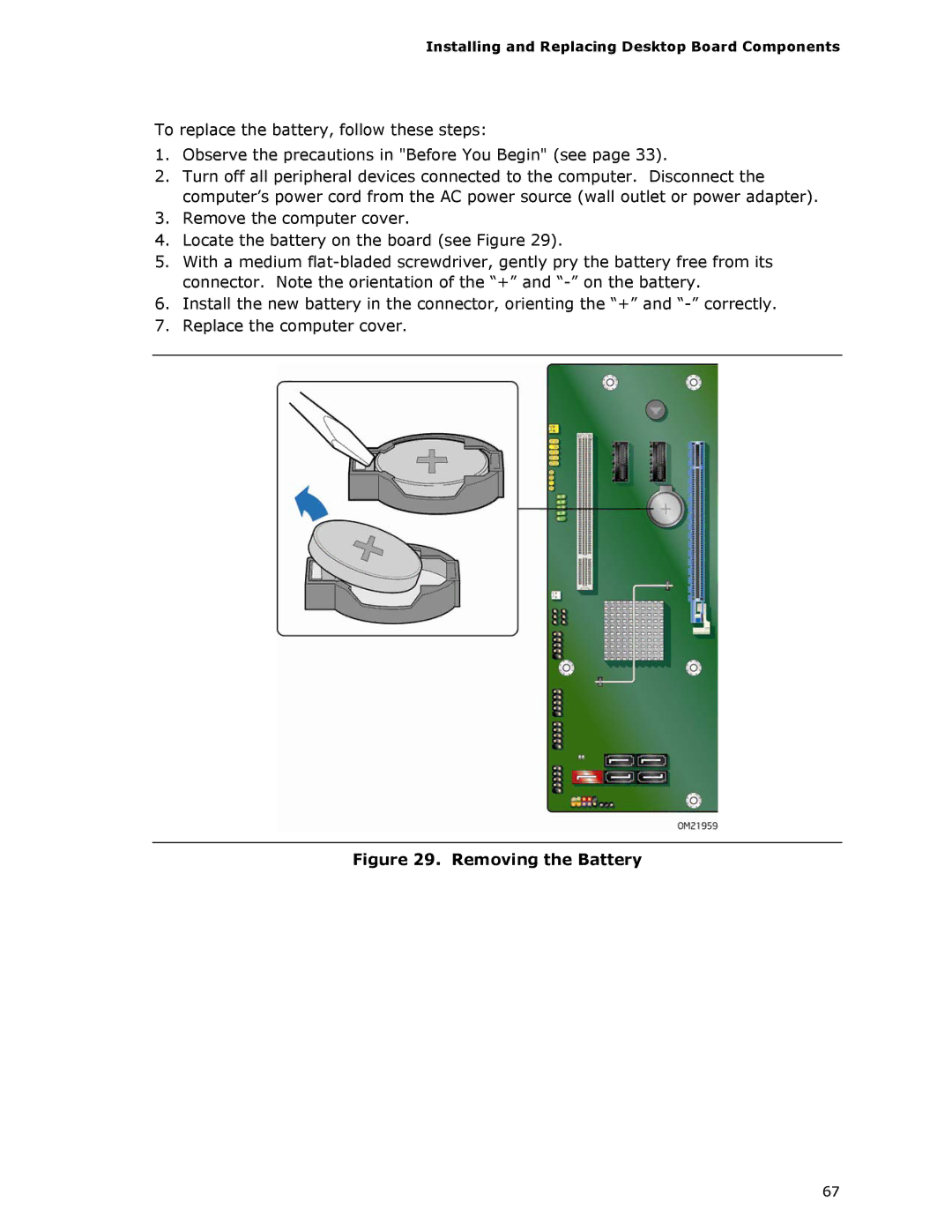 Intel DQ57TM manual Removing the Battery 