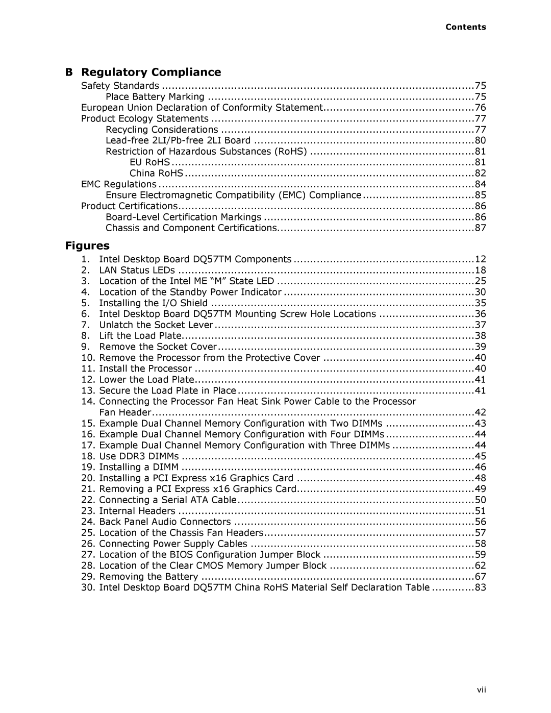 Intel DQ57TM manual Regulatory Compliance, Contents 