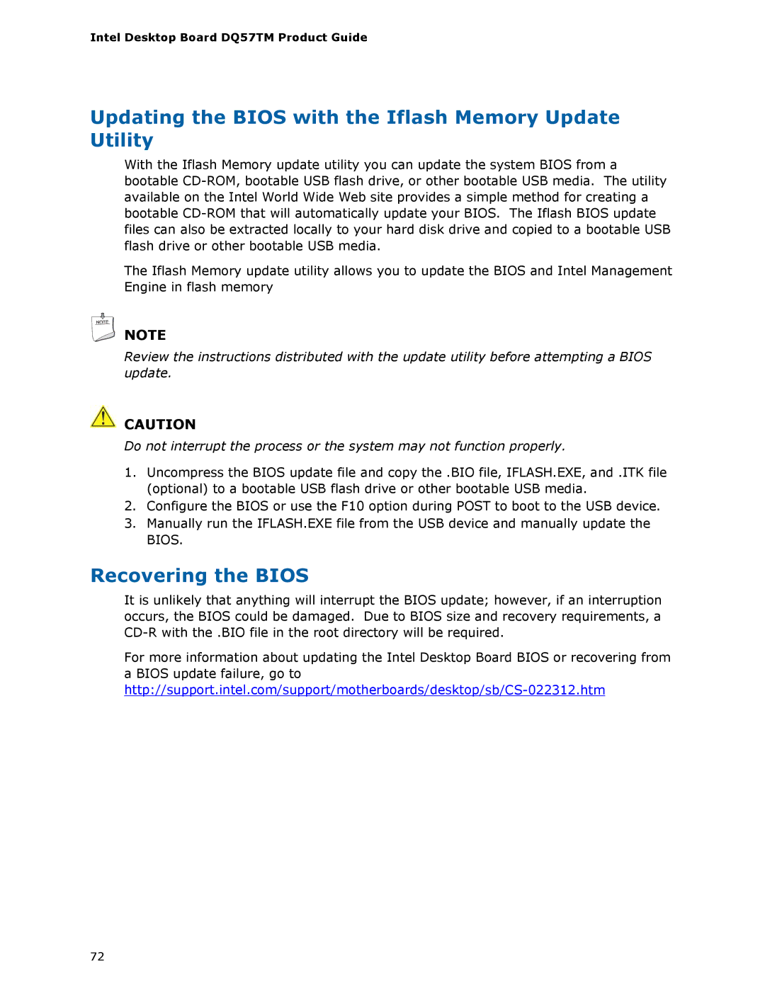 Intel DQ57TM manual Updating the Bios with the Iflash Memory Update Utility, Recovering the Bios 