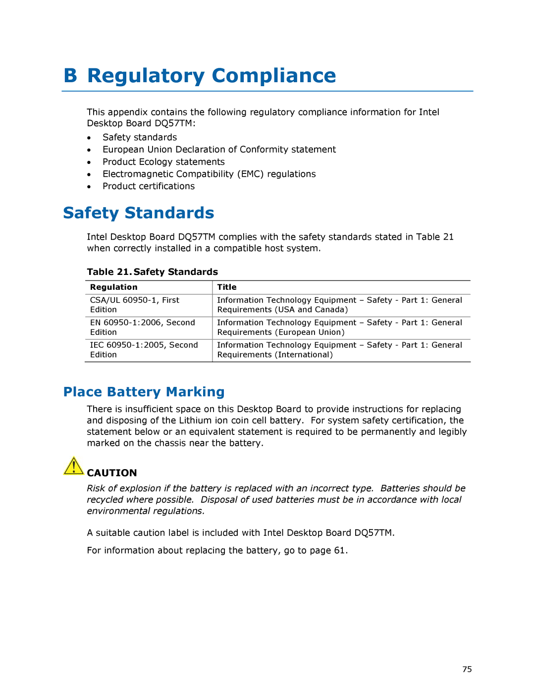 Intel DQ57TM manual Safety Standards, Place Battery Marking, Regulation Title 