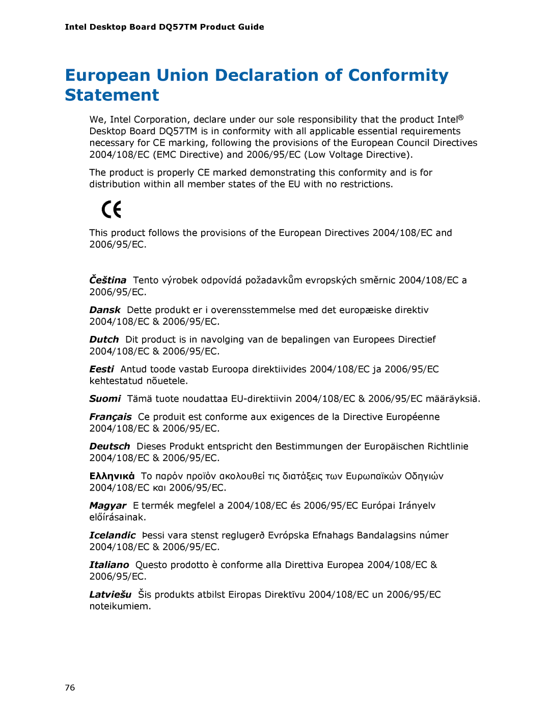 Intel DQ57TM manual European Union Declaration of Conformity Statement 