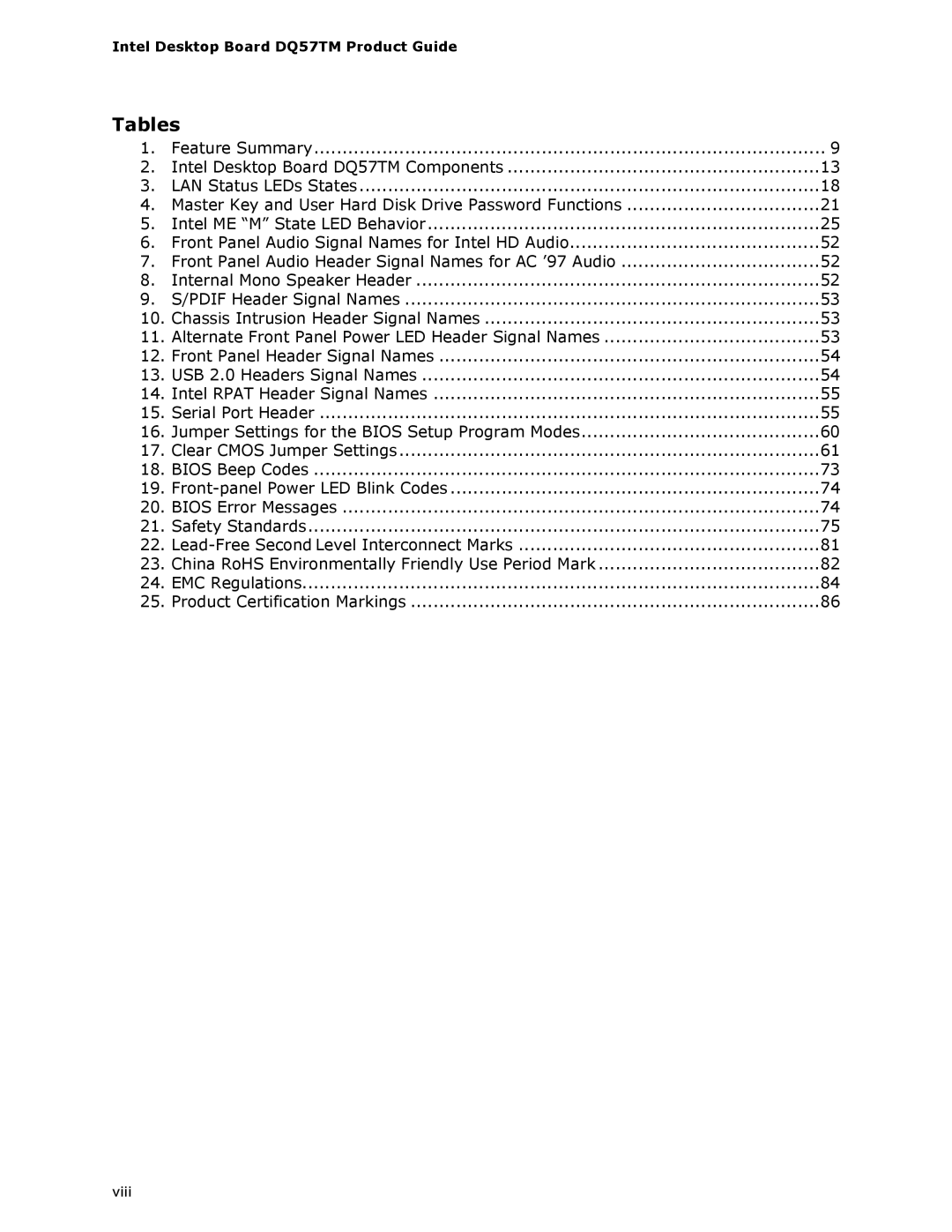 Intel DQ57TM manual Tables 