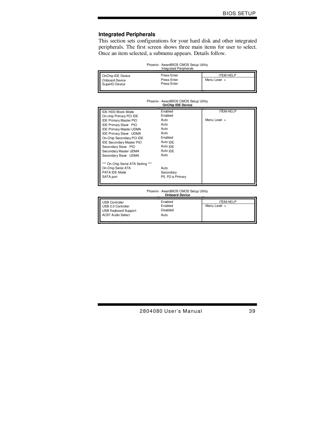 Intel 2804080, Duo/Solo 945GM user manual Integrated Peripherals, OnChip IDE Device 