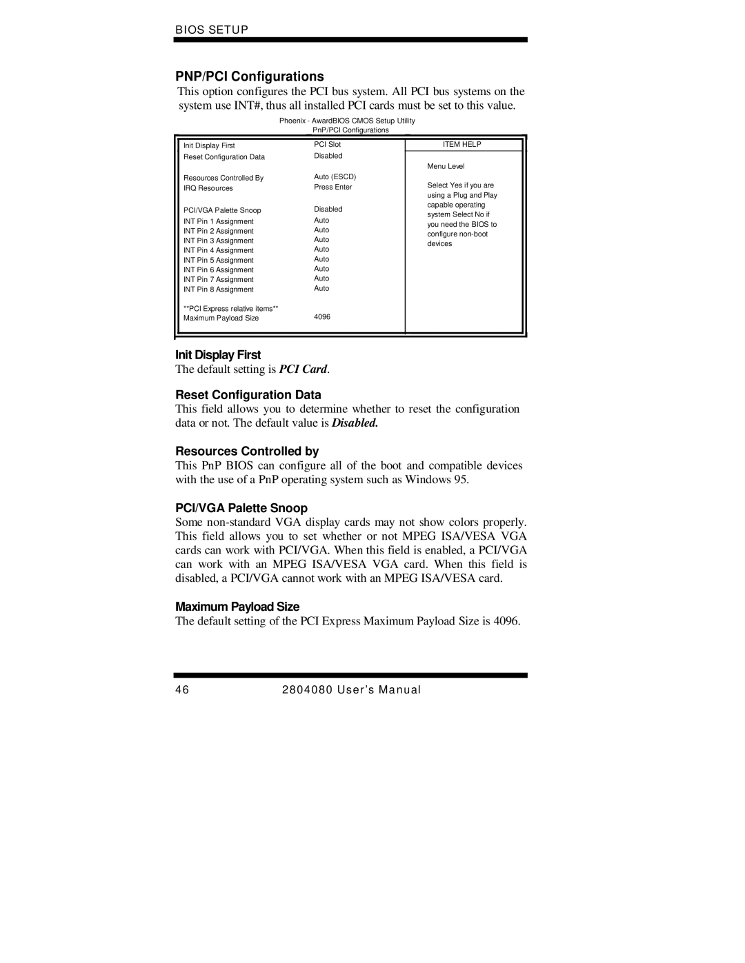 Intel Duo/Solo 945GM, 2804080 user manual PNP/PCI Configurations 