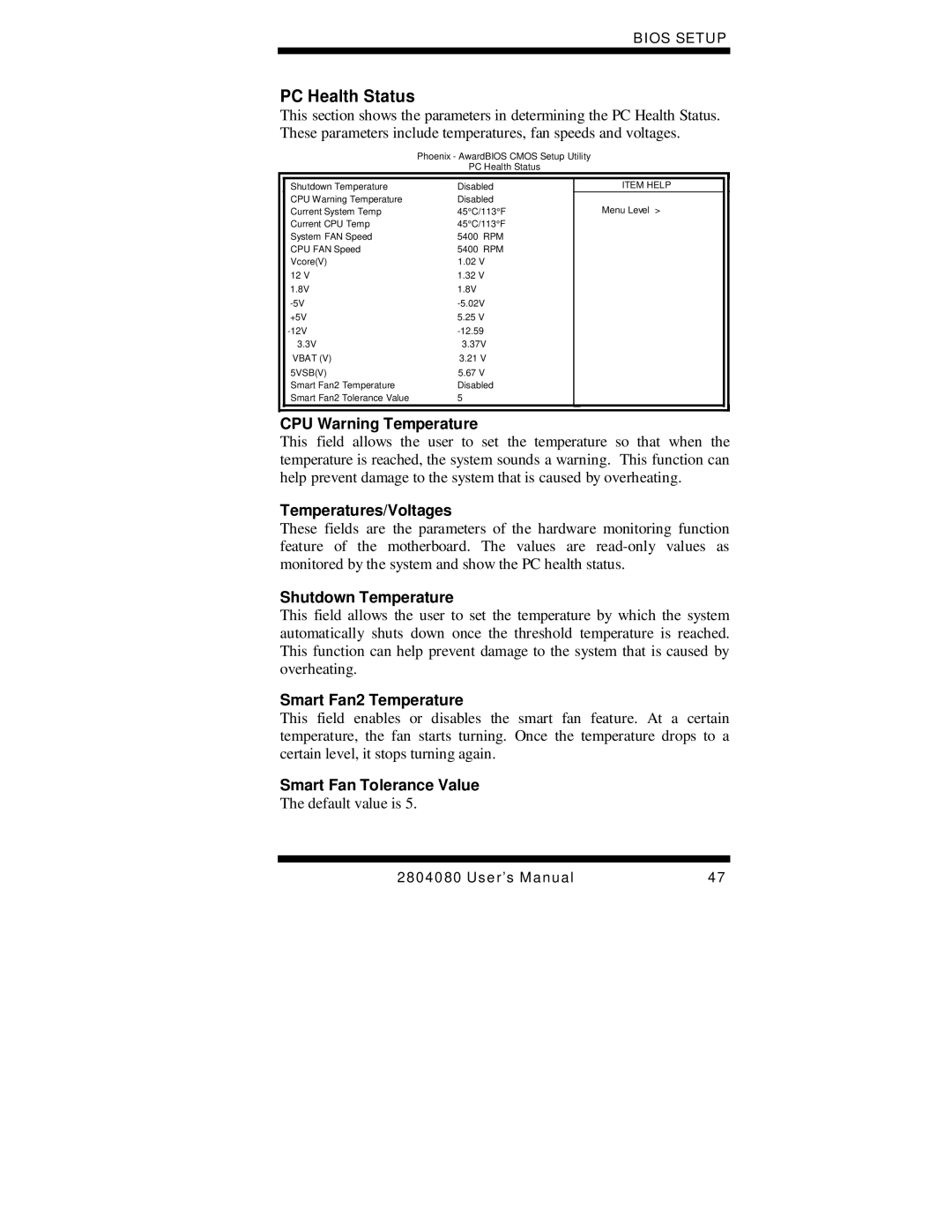 Intel 2804080, Duo/Solo 945GM user manual PC Health Status 