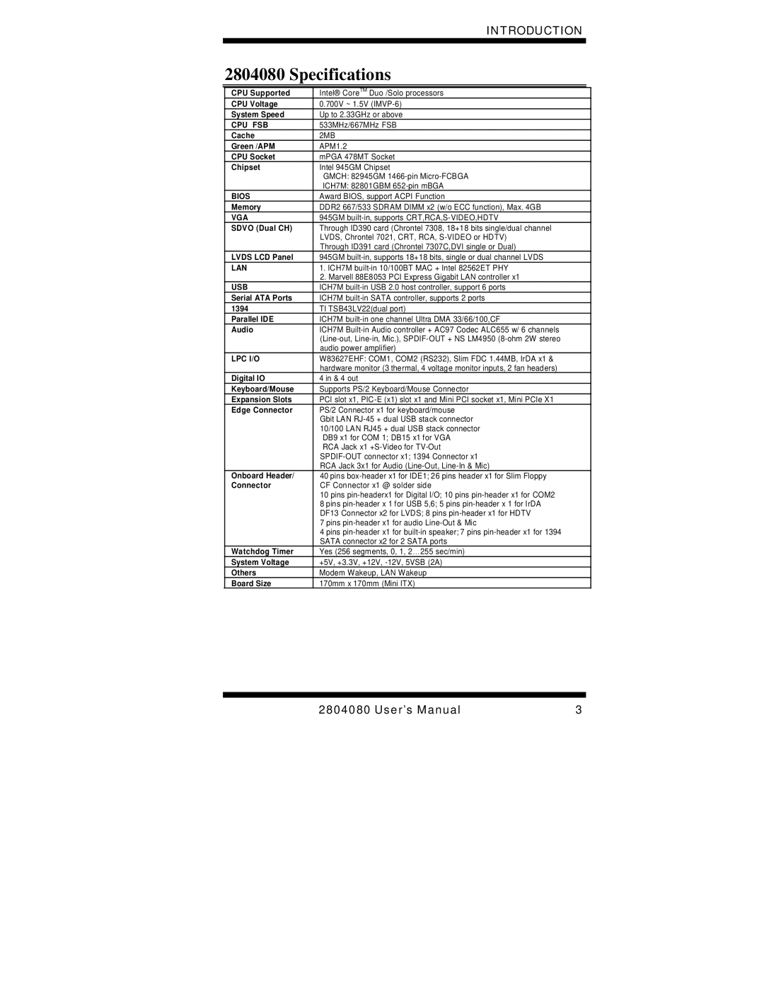 Intel 2804080, Duo/Solo 945GM user manual Specifications, Lpc I/O 