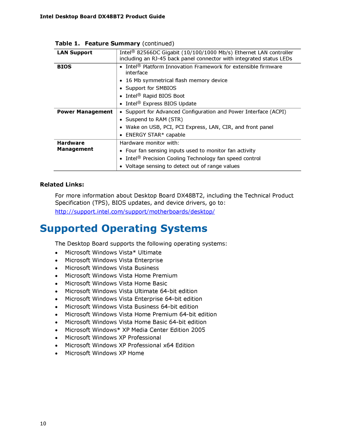 Intel DX48BT2 manual Supported Operating Systems, Related Links 