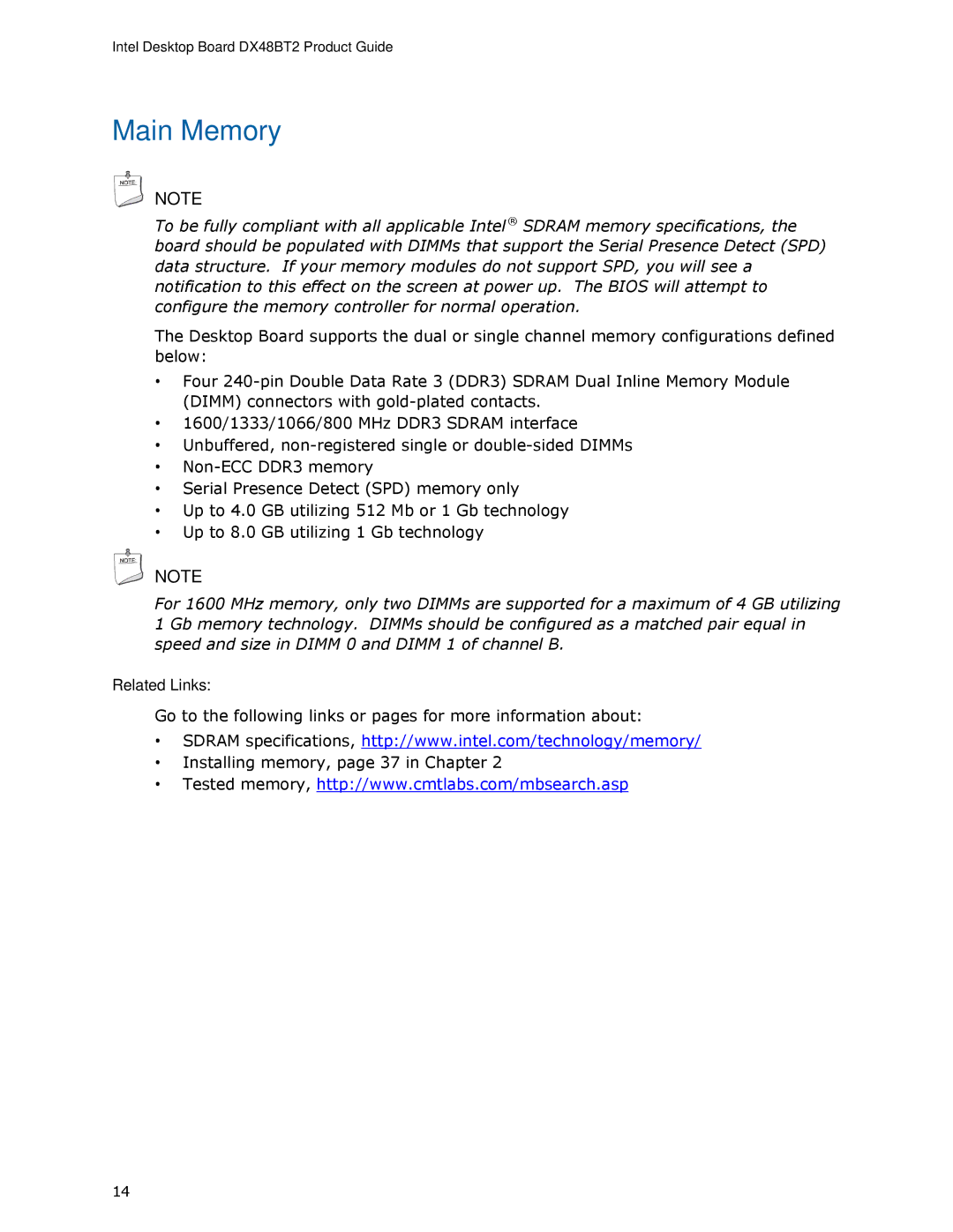 Intel DX48BT2 manual Main Memory 