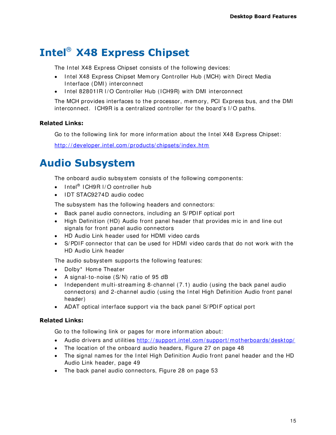 Intel DX48BT2 manual Intel X48 Express Chipset, Audio Subsystem 