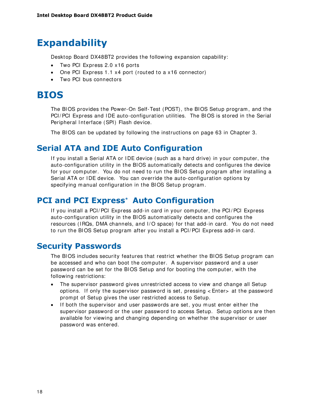 Intel DX48BT2 manual Expandability, Serial ATA and IDE Auto Configuration, PCI and PCI Express* Auto Configuration 