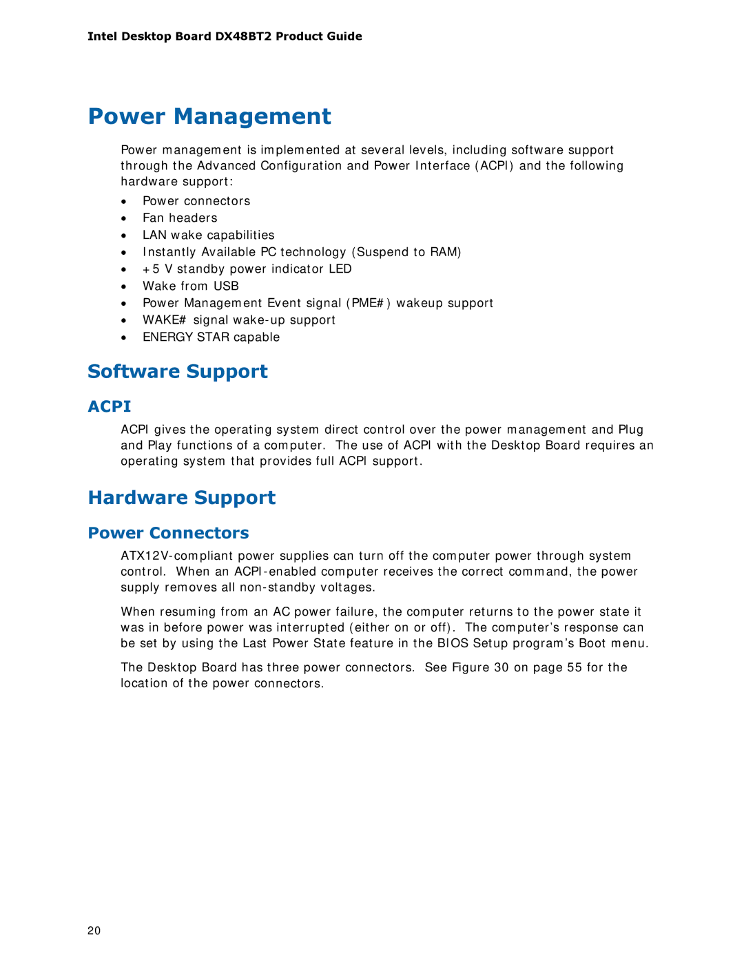 Intel DX48BT2 manual Power Management, Software Support, Hardware Support, Power Connectors 