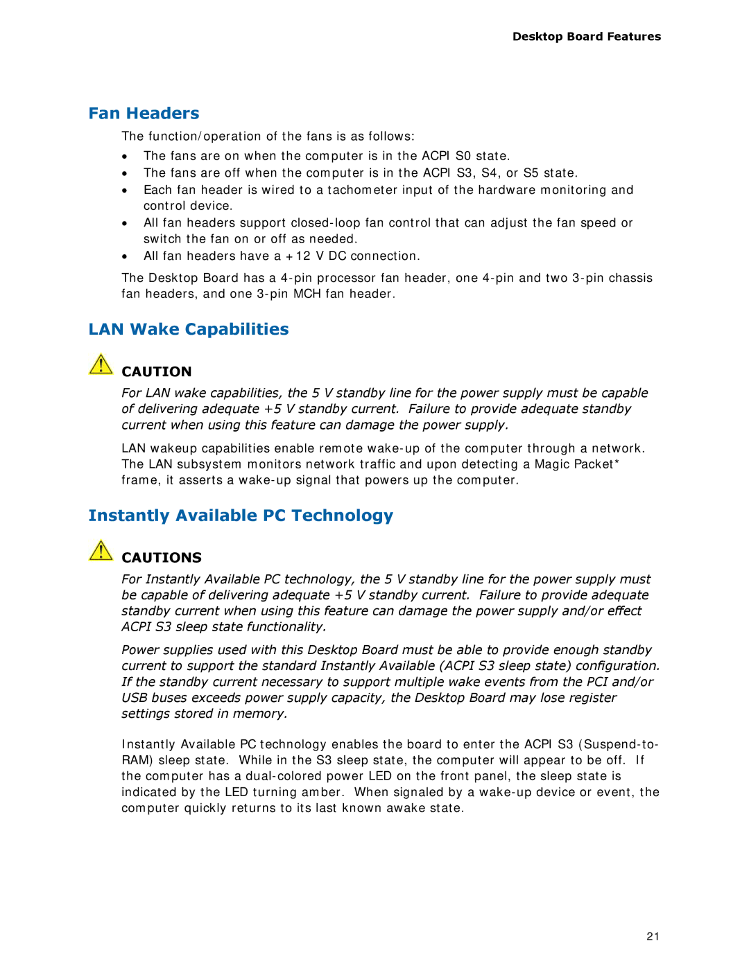 Intel DX48BT2 manual Fan Headers, LAN Wake Capabilities, Instantly Available PC Technology 