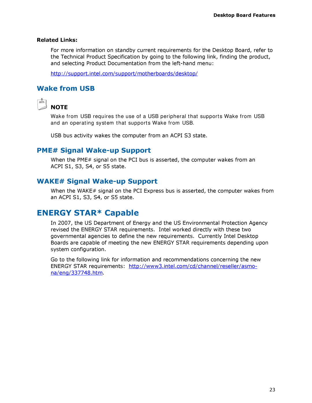 Intel DX48BT2 manual Energy STAR* Capable, Wake from USB, PME# Signal Wake-up Support, WAKE# Signal Wake-up Support 