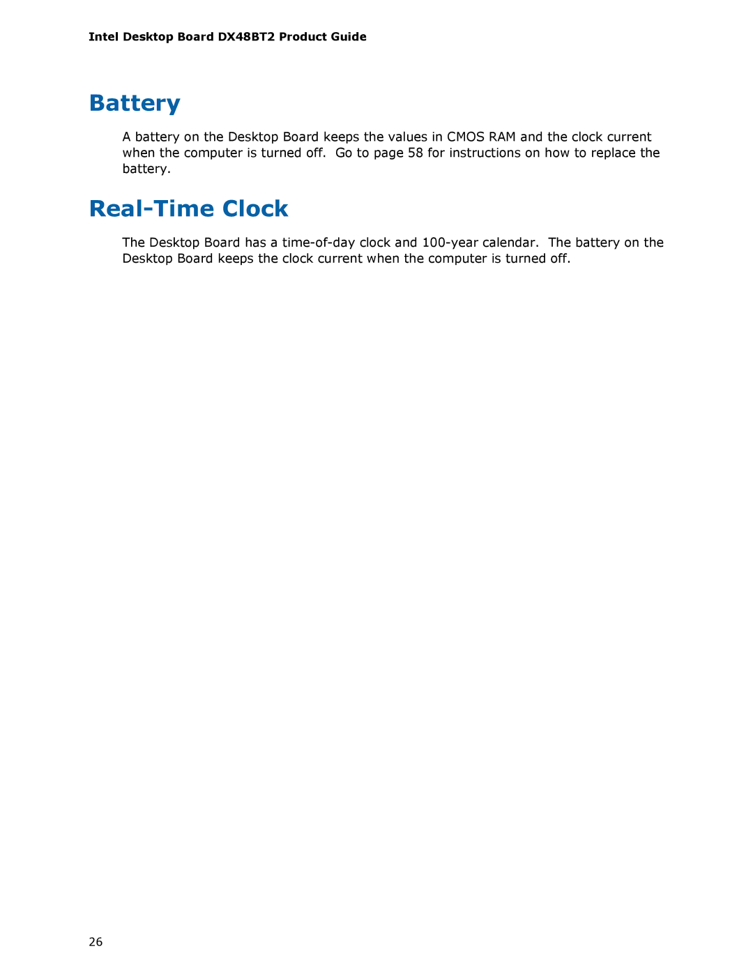 Intel DX48BT2 manual Battery, Real-Time Clock 