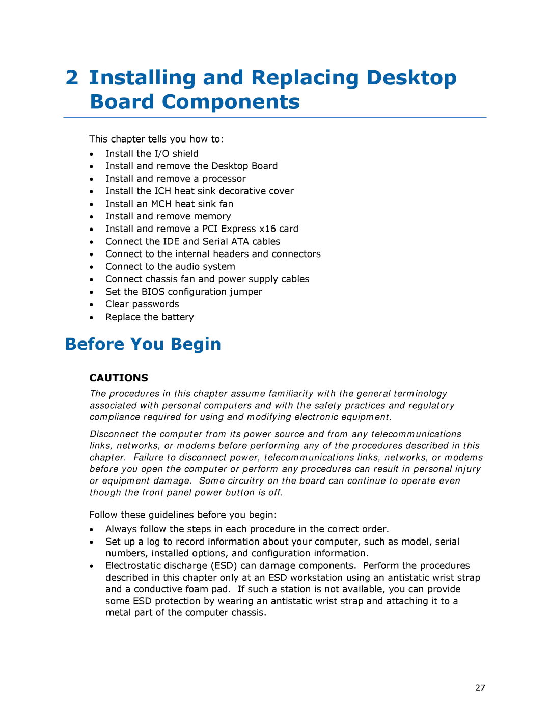 Intel DX48BT2 manual Installing and Replacing Desktop Board Components, Before You Begin 