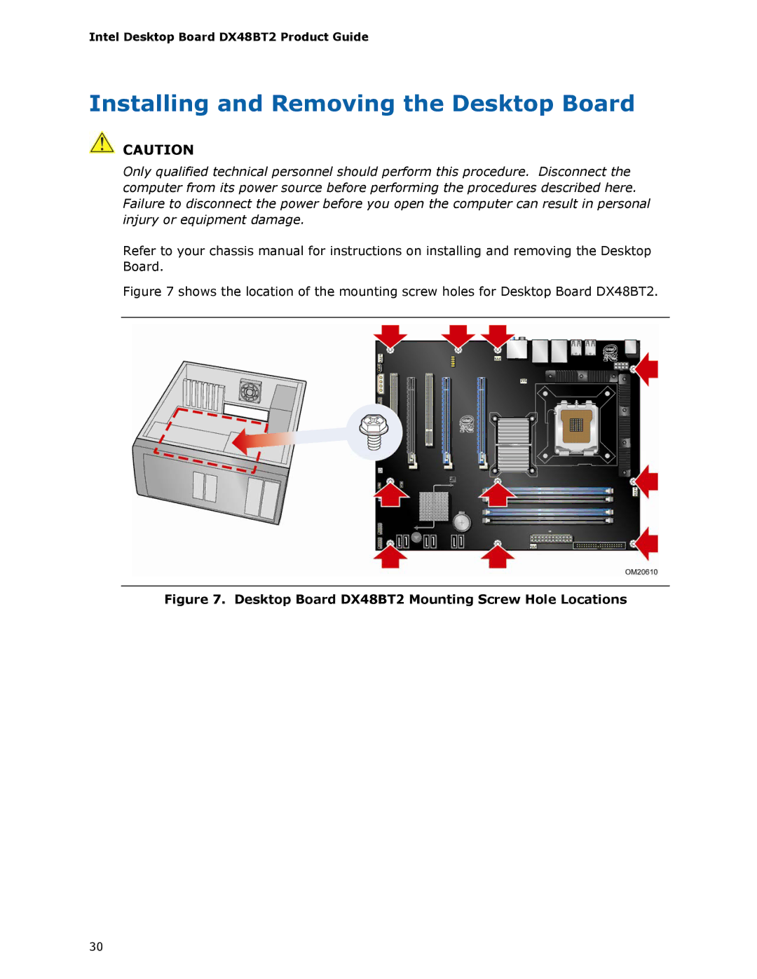 Intel manual Installing and Removing the Desktop Board, Desktop Board DX48BT2 Mounting Screw Hole Locations 