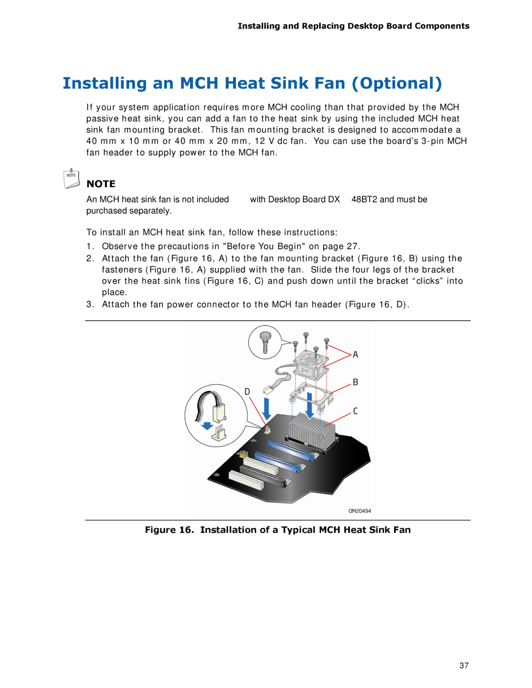 Intel DX48BT2 manual Installing an MCH Heat Sink Fan Optional, Installation of a Typical MCH Heat Sink Fan 