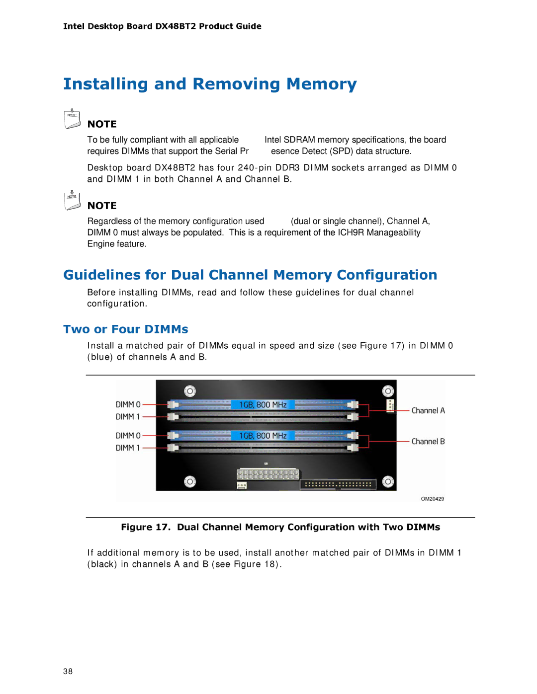 Intel DX48BT2 manual Installing and Removing Memory, Guidelines for Dual Channel Memory Configuration, Two or Four DIMMs 