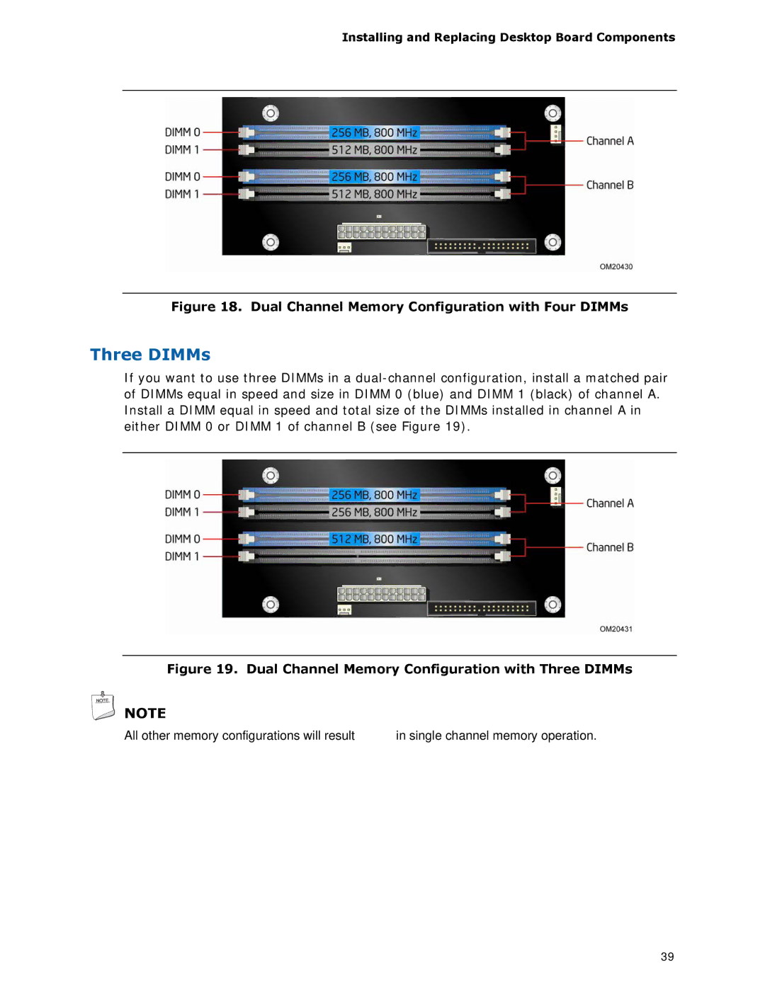 Intel DX48BT2 manual Three DIMMs, Dual Channel Memory Configuration with Four DIMMs 