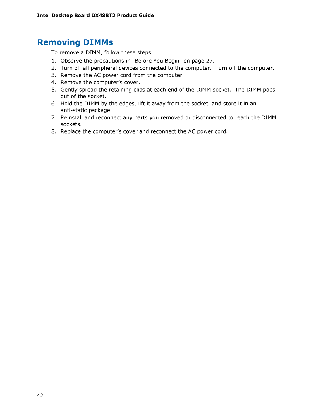 Intel DX48BT2 manual Removing DIMMs 
