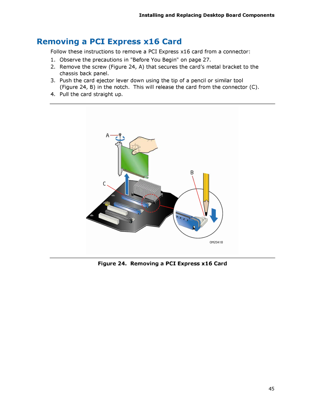 Intel DX48BT2 manual Removing a PCI Express x16 Card 