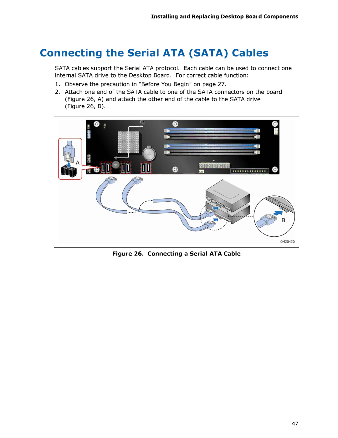 Intel DX48BT2 manual Connecting the Serial ATA Sata Cables, Connecting a Serial ATA Cable 