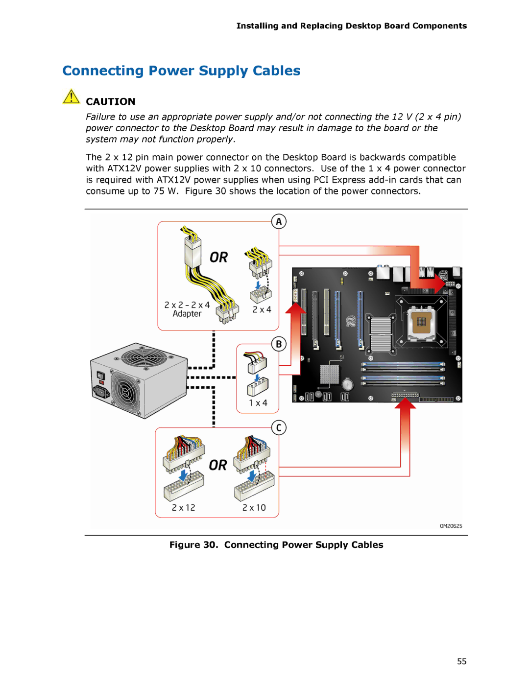 Intel DX48BT2 manual Connecting Power Supply Cables 