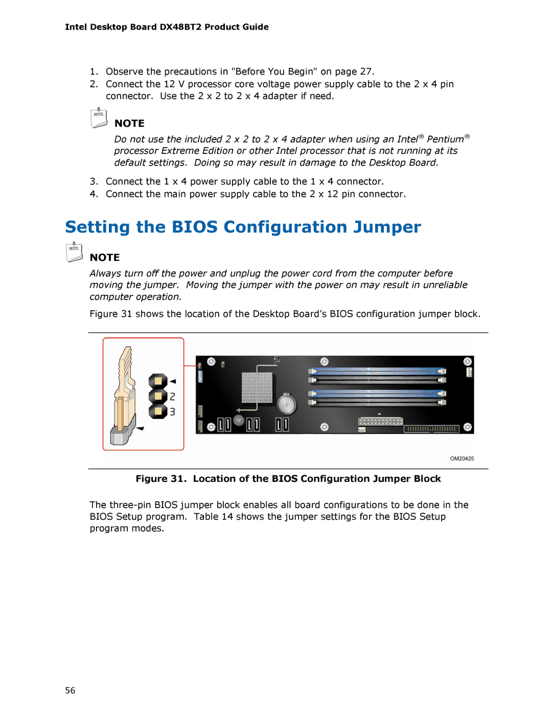 Intel DX48BT2 manual Setting the Bios Configuration Jumper, Location of the Bios Configuration Jumper Block 