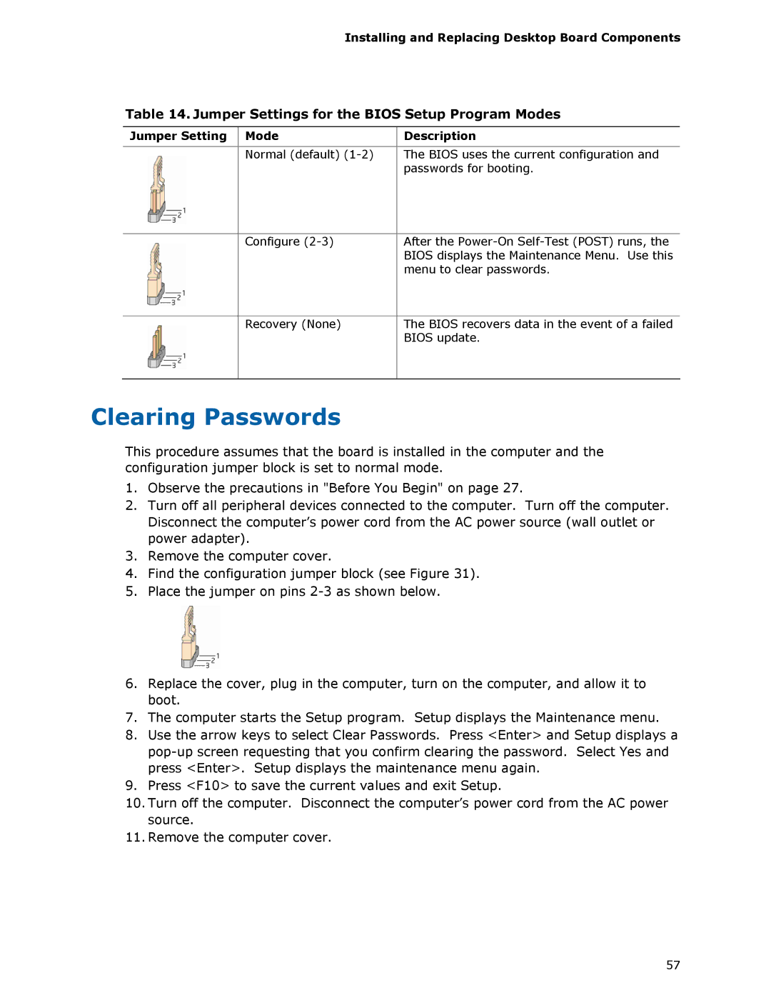 Intel DX48BT2 manual Clearing Passwords, Jumper Settings for the Bios Setup Program Modes, Jumper Setting Mode Description 