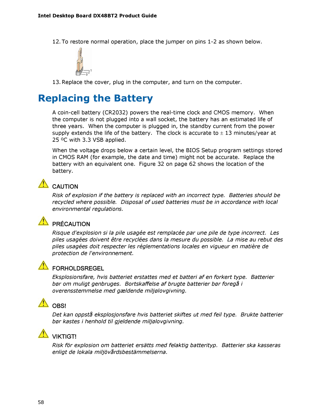 Intel DX48BT2 manual Replacing the Battery, Précaution 